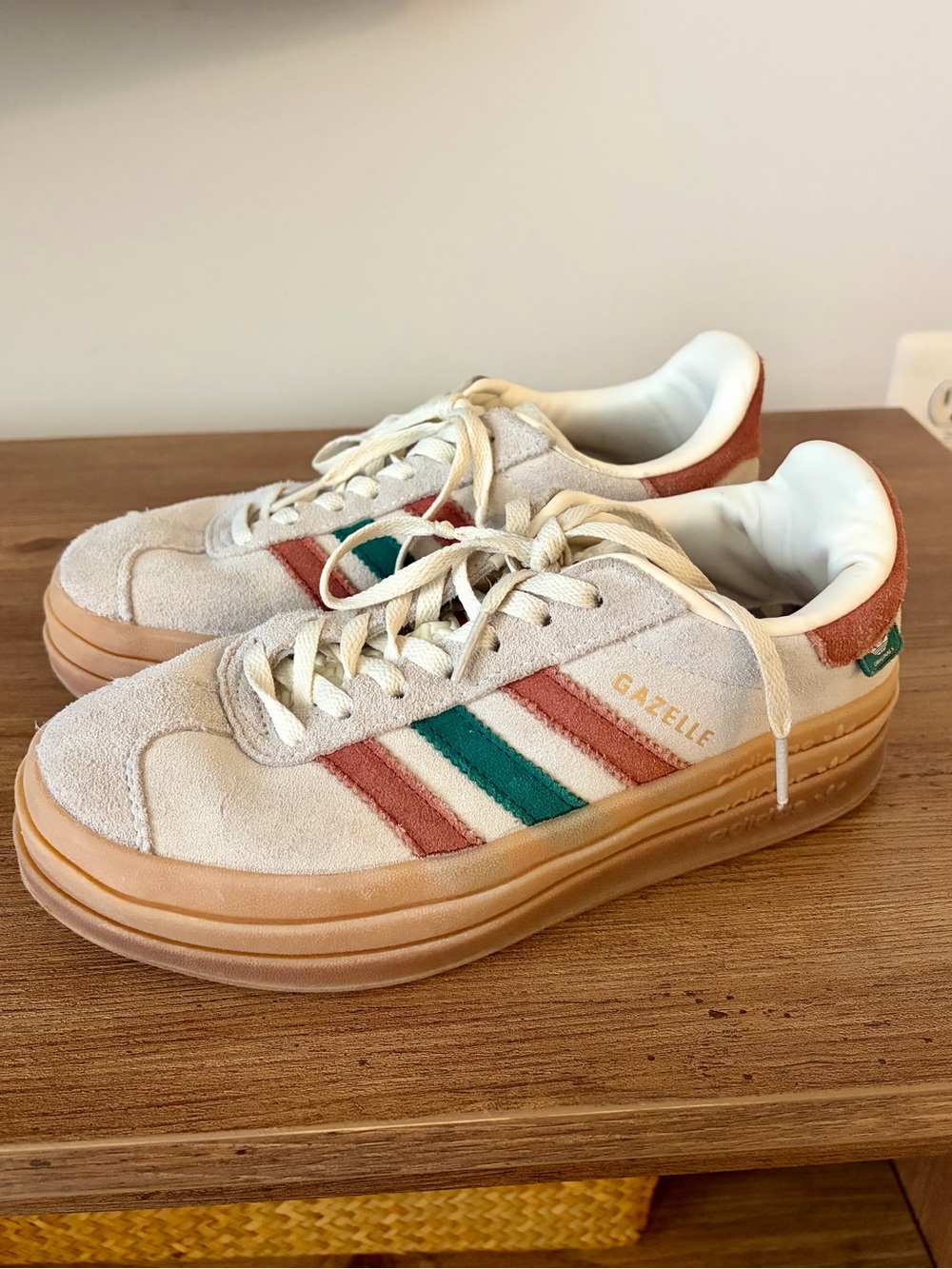 adidas Gazelle Suede Sneakers in Cream with Coral & Teal Stripes